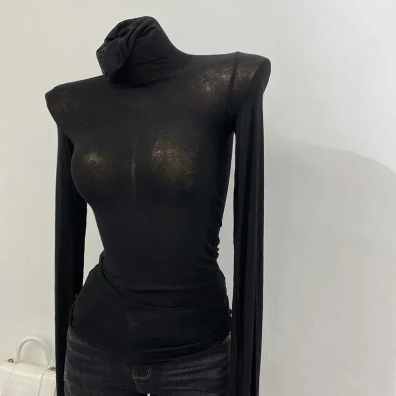 👗Rollkragen Langarm Mesh Top – Elastisch, Figurbetont & Sexy Dünn