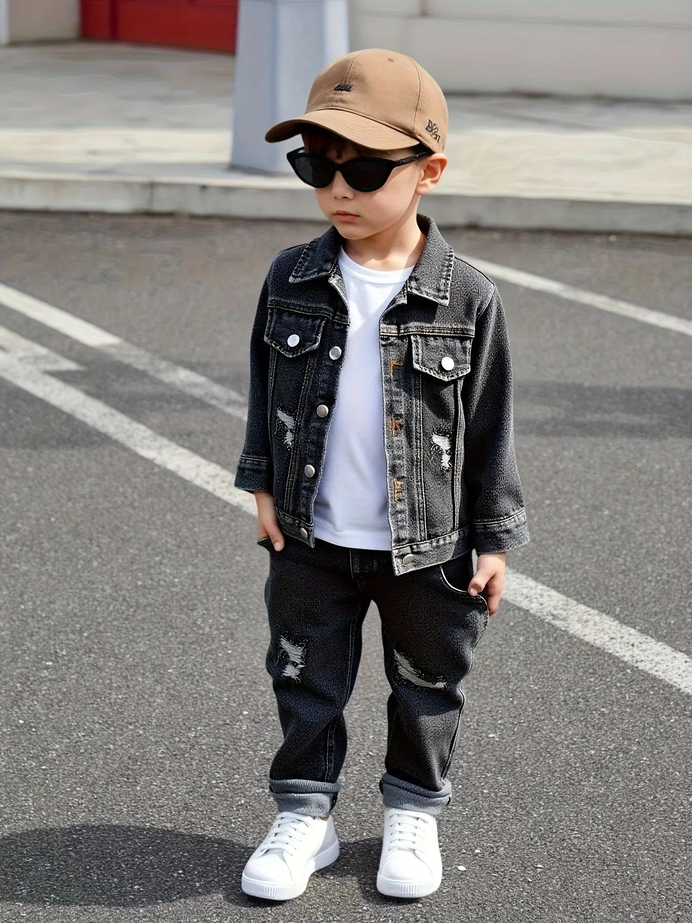 🔖3-teiliges Jungen-Jeansset – Herbst & Winter | Modische Jeansjacke + Zerrissene Jeans + Rundhals-Shirt