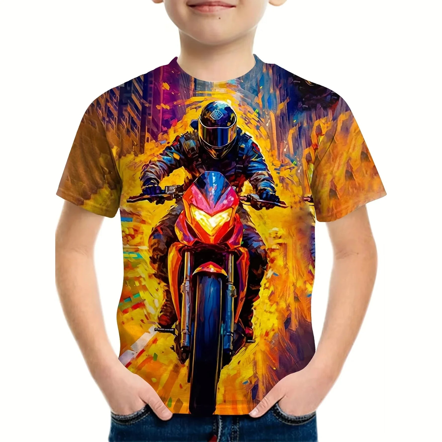 🏍️ 3D Motorrad Kinder T-Shirt – Cooles Sommer Kurzarm Shirt für Jungen