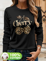 🍒Y2K Damen Casual Langarm T-Shirt mit Kirsche & Leoparden Grafik – 100 % Baumwolle🍒
