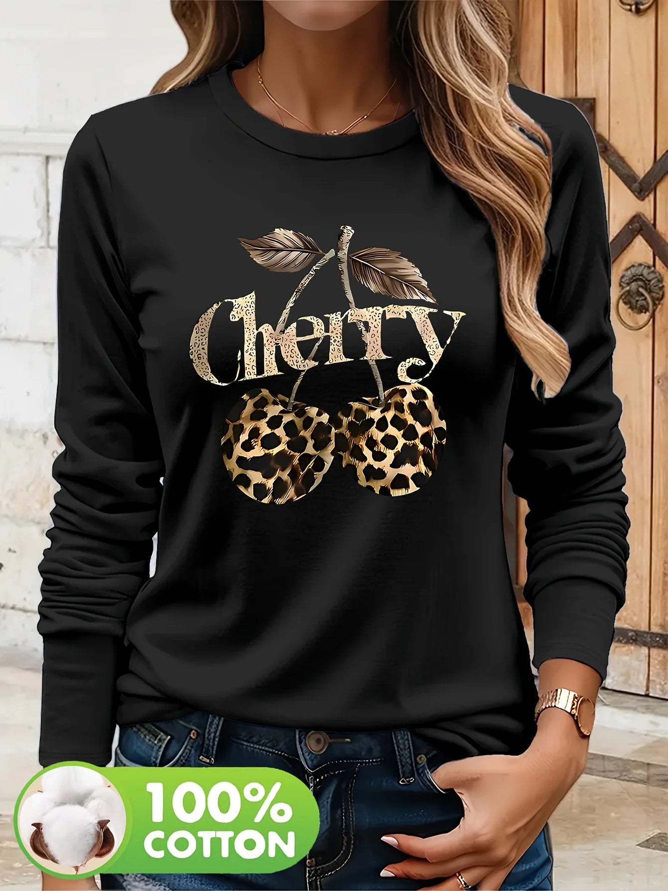 🍒Y2K Damen Casual Langarm T-Shirt mit Kirsche & Leoparden Grafik – 100 % Baumwolle🍒
