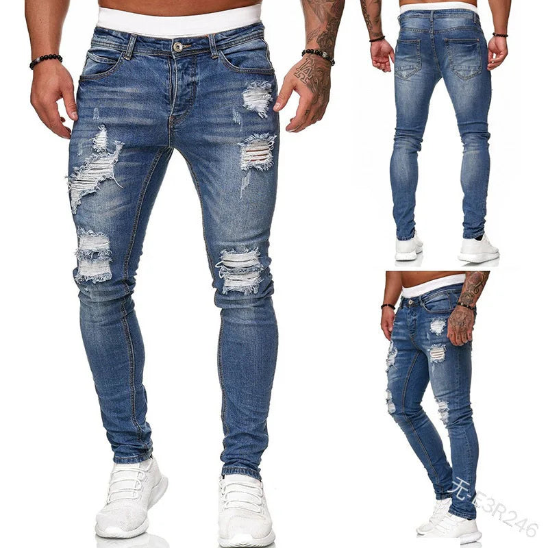 👖 Herren Slim Fit Jeans – Vintage Waschung, Street Style & Zerrissener Denim Look