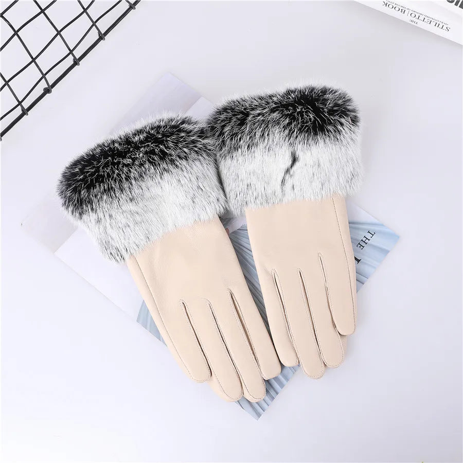 ✨ Damen Luxus-Lederhandschuhe – Echtes Schaffell mit Kaninchenfell-Manschette & warmem Fleecefutter🧤