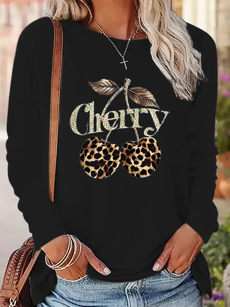 Langarm Streetwear Shirt mit Leopard-Kirschen Print – Vintage Look Damen