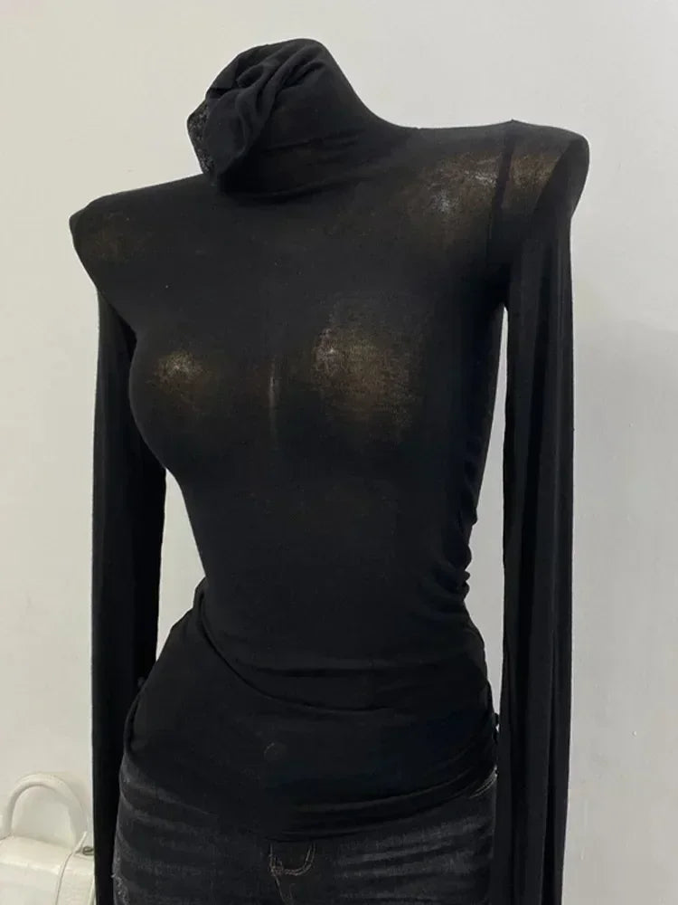 👗Rollkragen Langarm Mesh Top – Elastisch, Figurbetont & Sexy Dünn
