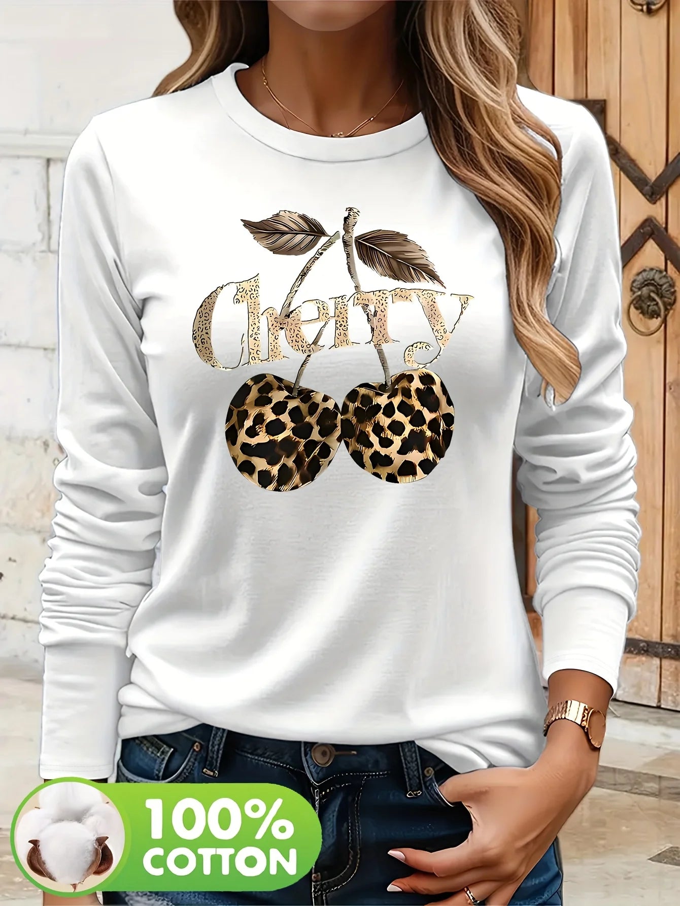 🍒Y2K Damen Casual Langarm T-Shirt mit Kirsche & Leoparden Grafik – 100 % Baumwolle🍒