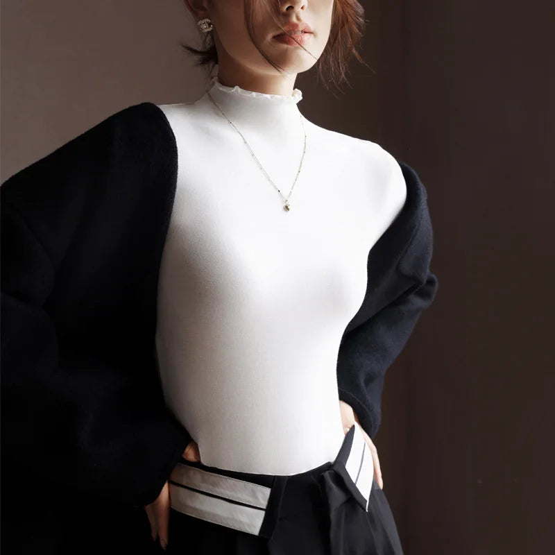 Damen Langarm Semi-Rollkragen Shirt mit Wellenkragen – Slim Fit