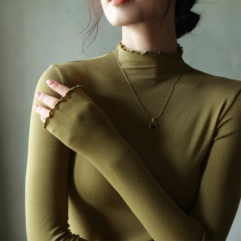 Damen Langarm Semi-Rollkragen Shirt mit Wellenkragen – Slim Fit