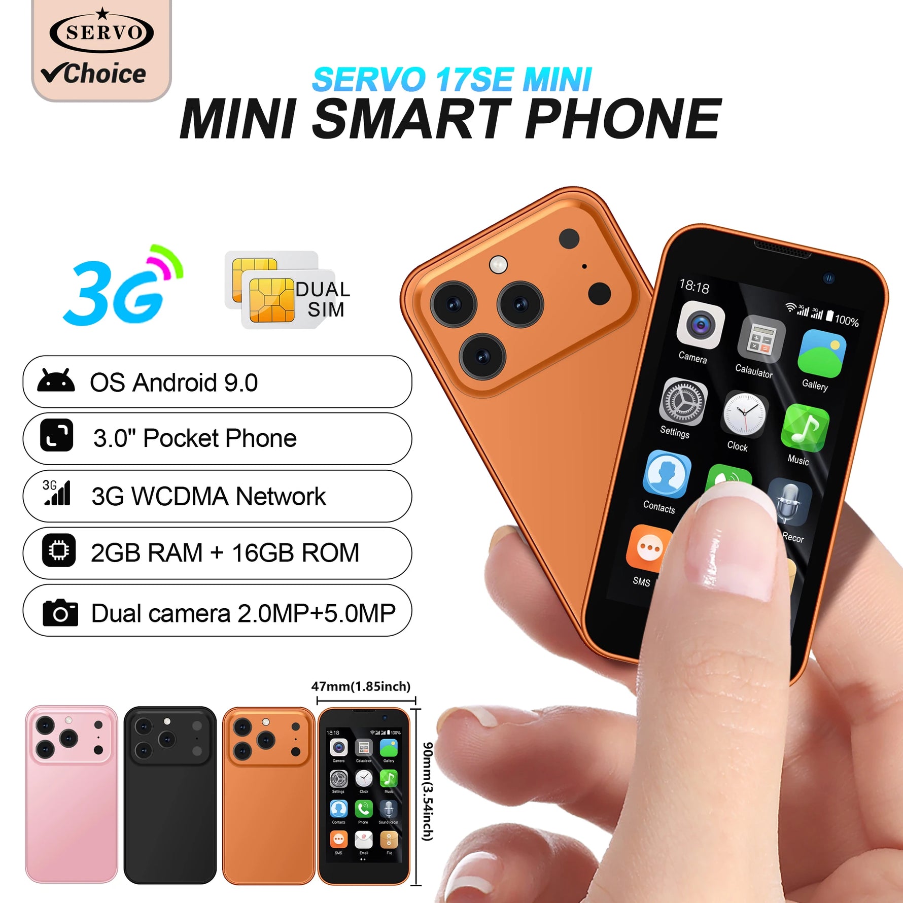 📟Mini-Smartphone SERVO 17SE – 3" Android 9 • 3G • Dual SIM • 2GB+16GB • GPS • Pocket Handy