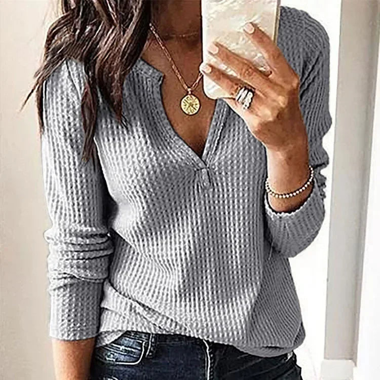 👚Damen Langarm Waffelmuster T-Shirt – V-Ausschnitt • S–3XL • Modisch & Alltagstauglich