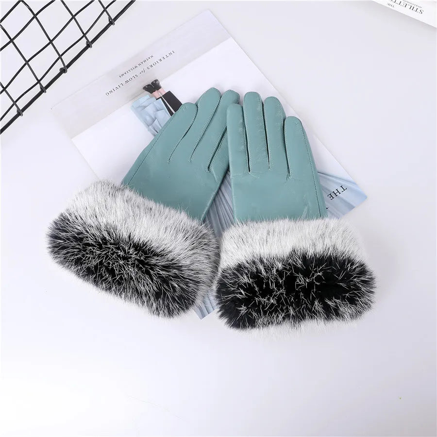 ✨ Damen Luxus-Lederhandschuhe – Echtes Schaffell mit Kaninchenfell-Manschette & warmem Fleecefutter🧤
