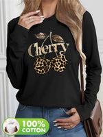 🍒Y2K Damen Casual Langarm T-Shirt mit Kirsche & Leoparden Grafik – 100 % Baumwolle🍒