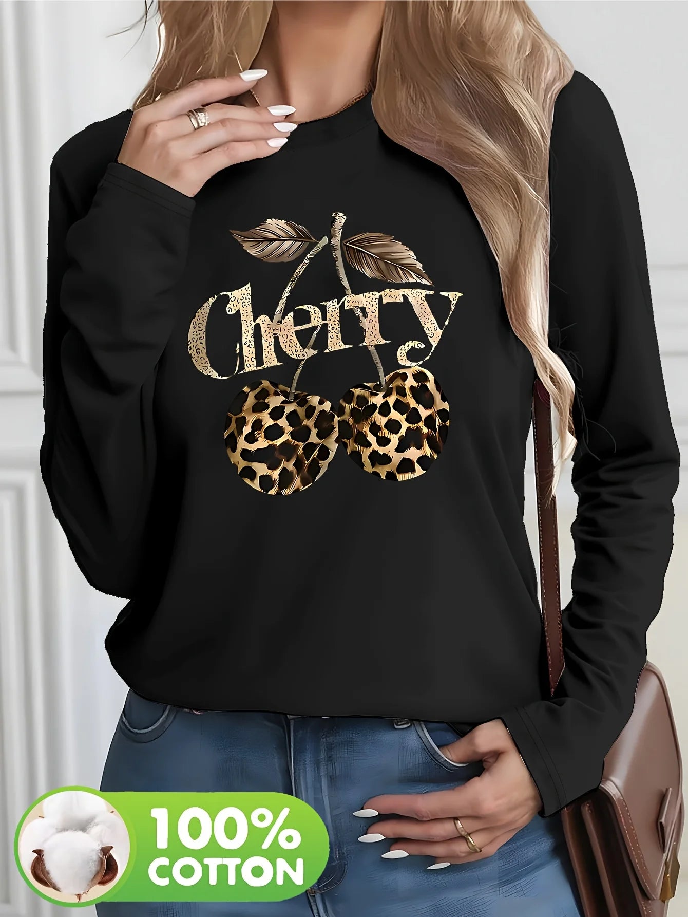 🍒Y2K Damen Casual Langarm T-Shirt mit Kirsche & Leoparden Grafik – 100 % Baumwolle🍒