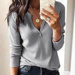 👚Damen Langarm Waffelmuster T-Shirt – V-Ausschnitt • S–3XL • Modisch & Alltagstauglich