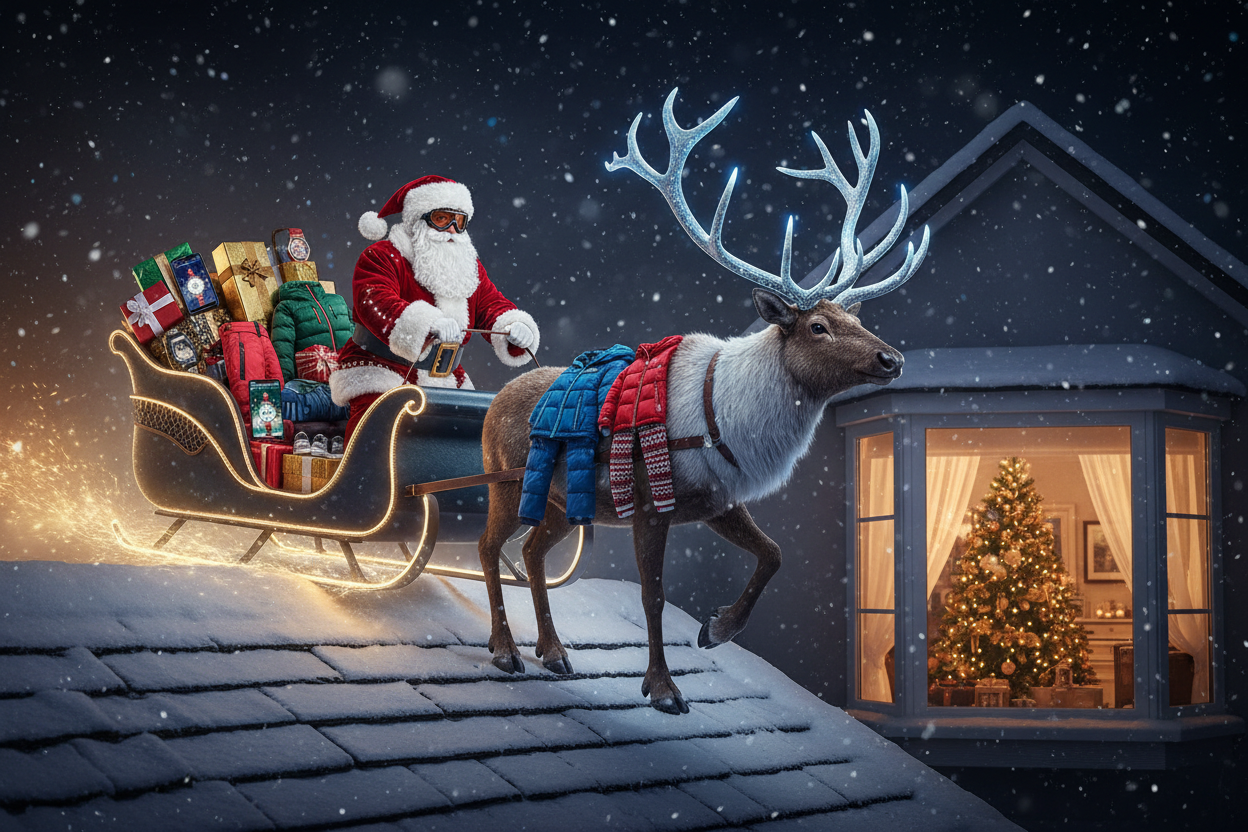 erstelle mir ein Bild wie ein Weihnachtsmann mir seiner schlitten und ein elch der geschenke Witerjacken, Hosen, Handys, Uhren Kinderkleider, Schuhe auf seiner schitten am landen ist