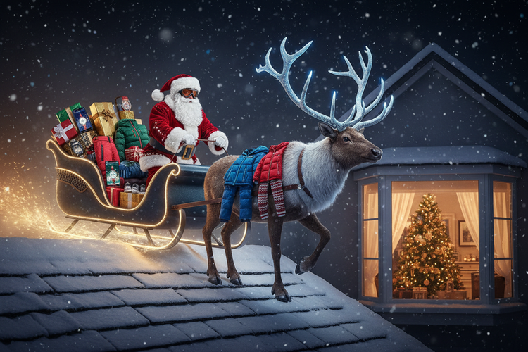 erstelle mir ein Bild wie ein Weihnachtsmann mir seiner schlitten und ein elch der geschenke Witerjacken, Hosen, Handys, Uhren Kinderkleider, Schuhe auf seiner schitten am landen ist